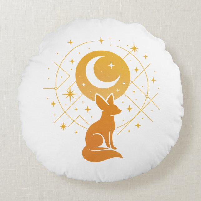 Celestial Desert Fox – Moon and Stars Cosmic  Round Cushion (Front)