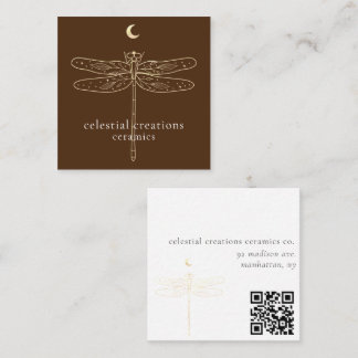 Celestial Dragonfly QR Code Brown Square Biz Card