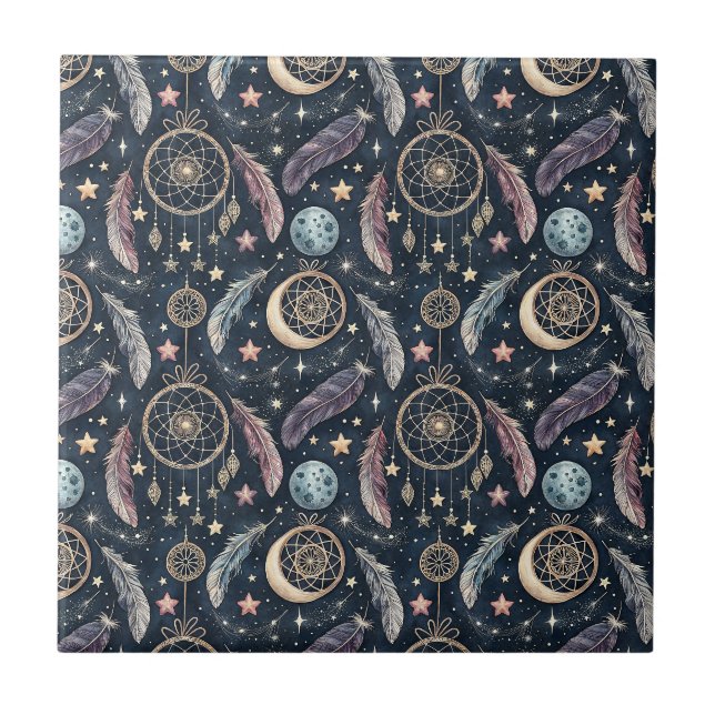 Celestial Dreamcatcher & Starry Night Art Pattern Ceramic Tile (Front)