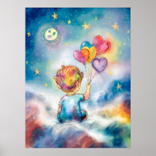 Celestial Dreams - Boy with Heart Balloons  Poster