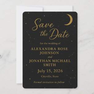 Celestial, Elegant Black & Gold Save the Date Invitation
