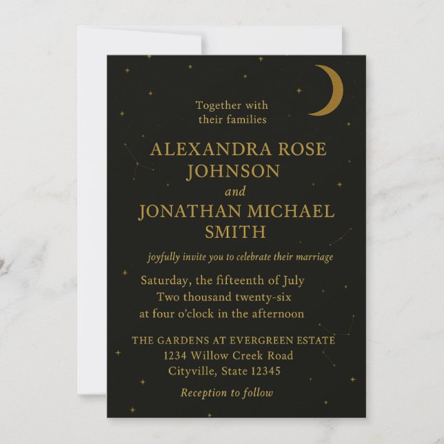 Celestial | Elegant Black & Gold Wedding Invitation (Front)