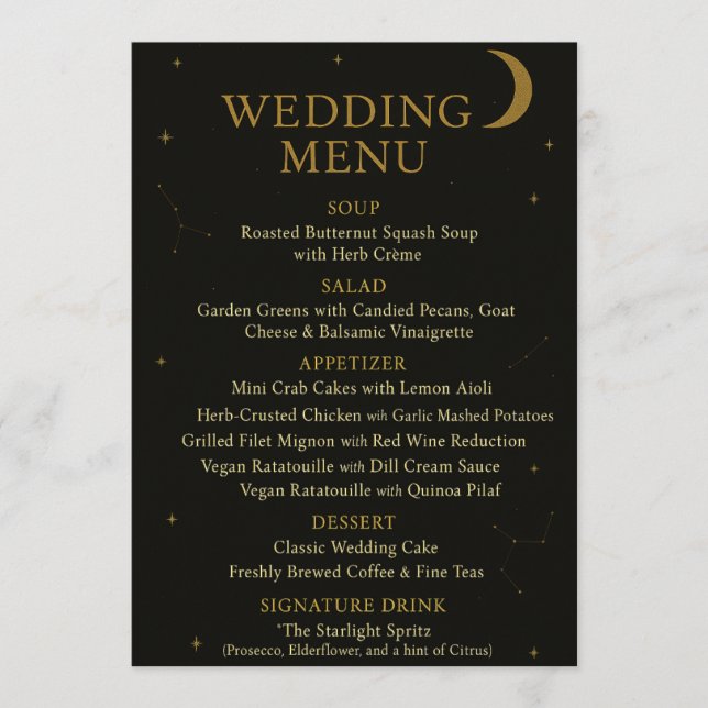 Celestial Elegant Black & Gold Wedding Menu (Front)