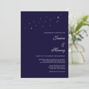 Celestial Elegant Script Midnight Blue Wedding Invitation