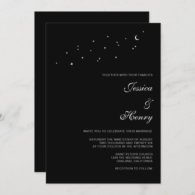 Celestial Elegant Script Minimalist Black Wedding  Invitation (Front/Back)
