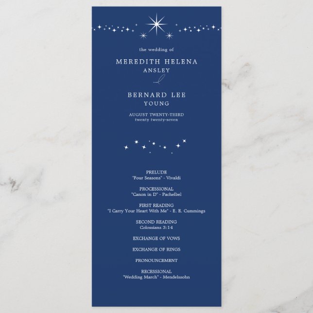 Celestial Elegant Stars Navy Blue Wedding Flat Program (Front)