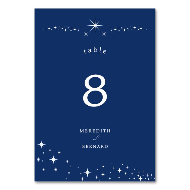 Celestial Elegant Wedding Stars Navy Blue Table Number (Front)