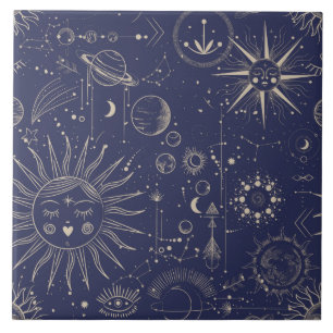 Celestial Elements on Navy Large Ceramic Tile
