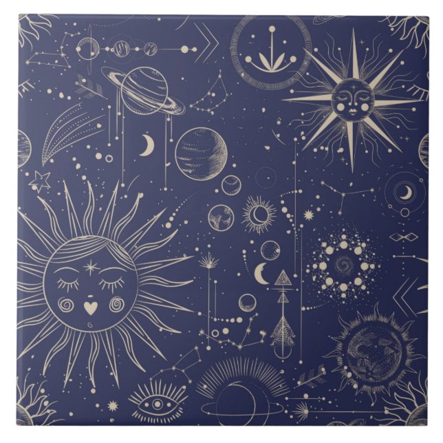Celestial Elements on Navy Large Ceramic Tile (Front)