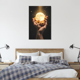 Celestial Embrace: Moon & Flowers Canvas Art