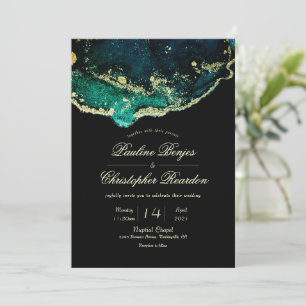 Celestial Emerald Black Gold Ink Wash Wedding Invitation
