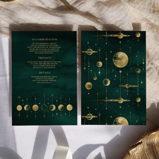 Celestial Emerald Gold Crescent Moon Phase Wedding Enclosure Card (Creator Uploaded)