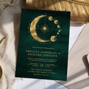 Celestial Emerald Gold Crescent Moon Phase Wedding Invitation