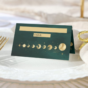 Celestial Emerald Gold Crescent Moon Phase Wedding Place Card