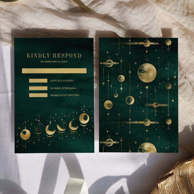 Celestial Emerald Gold Crescent Moon Phase Wedding RSVP Card (Creator Uploaded)