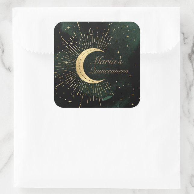 Celestial Emerald Gold Moon Quinceañera Square Sticker (Bag)