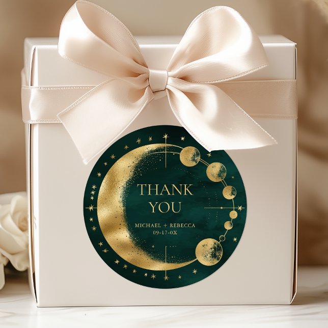 Celestial Emerald Gold Moon Wedding Thank You Classic Round Sticker (Creator Uploaded)