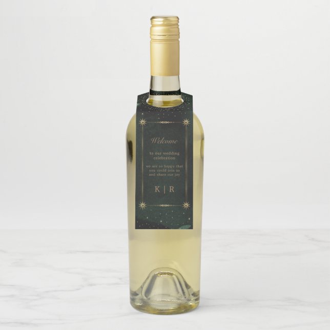 Celestial Emerald Gold Wedding Bottle Tag (On Bottle)