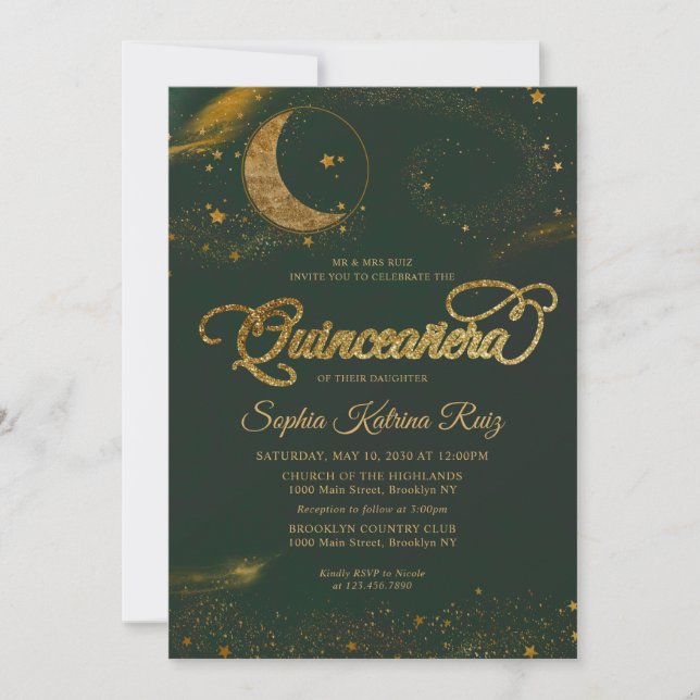 Celestial Emerald Green Gold Star Moon Quinceanera Invitation (Front)