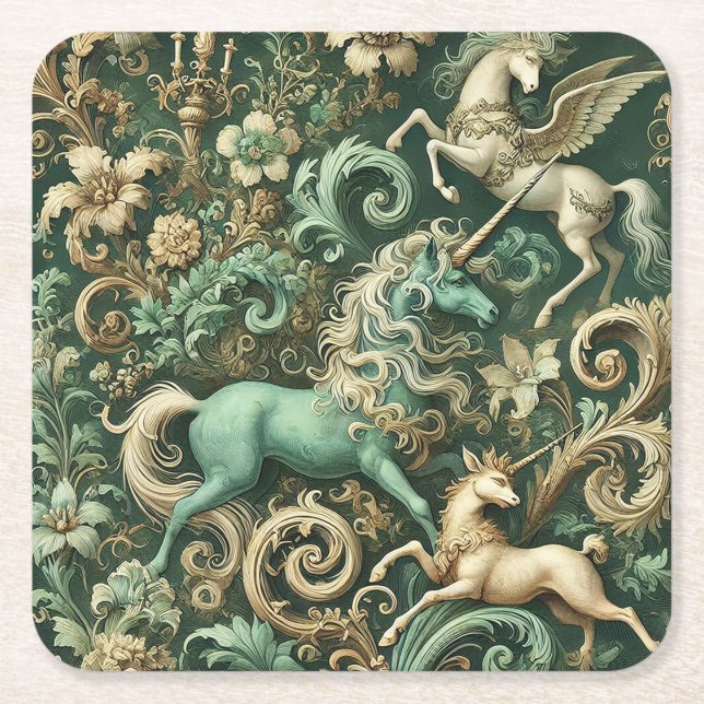 Celestial Equinox – Mythical Unicorn  Square Paper Coaster (Front)
