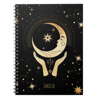 Celestial Esoteric Black Gold Moon Hand Stars Name Notebook