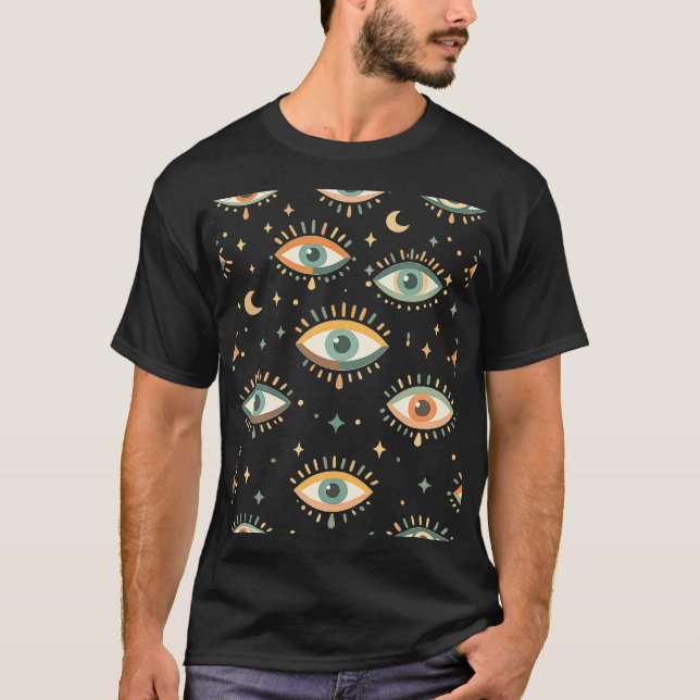 Celestial Evil Eye Pattern – Boho Mystical Moon T-Shirt (Front)