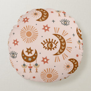 Celestial eye, moon, sun pattern. round cushion