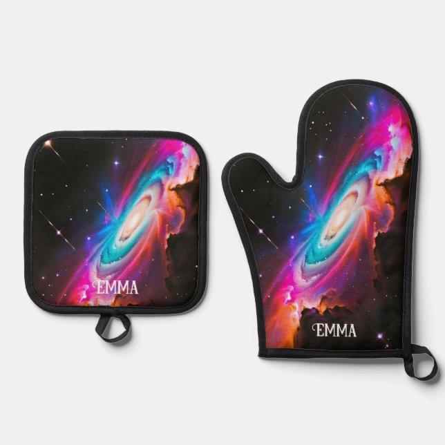 Celestial Fantasy Black Hole Custom Name Oven Mitt & Pot Holder Set (Front)
