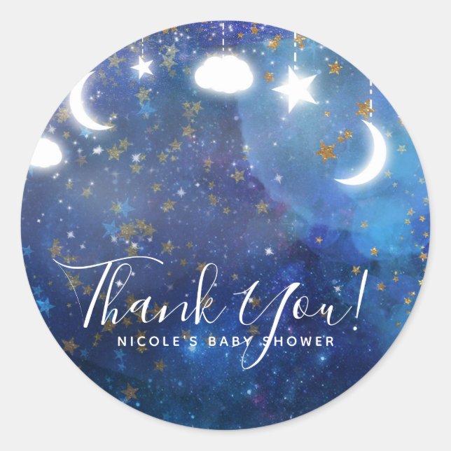Celestial Fantasy Gold Stars & Glow Baby Shower Classic Round Sticker (Front)