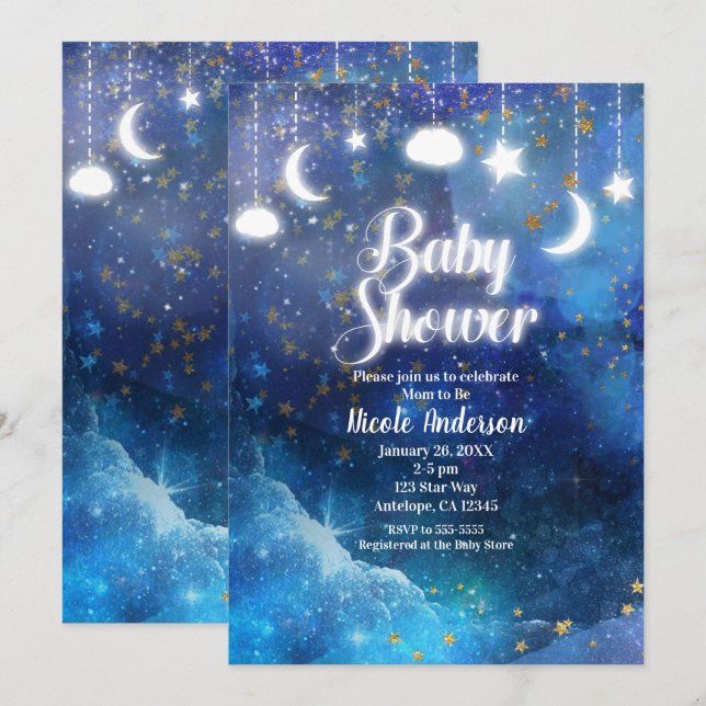 Celestial Fantasy Gold Stars & Glow Baby Shower Invitation (Front/Back)