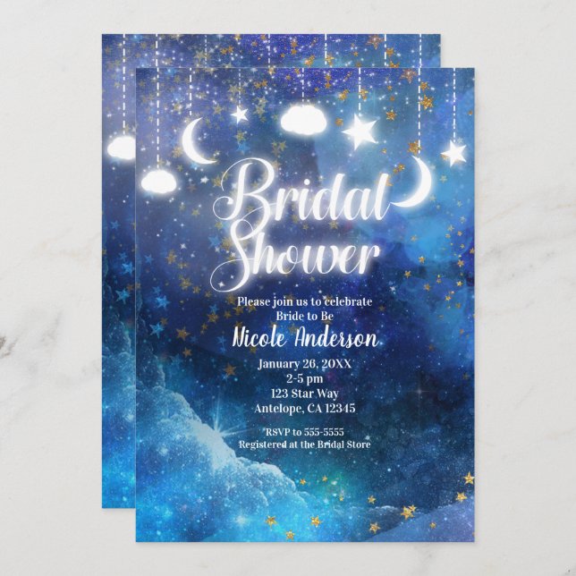 Celestial Fantasy Gold Stars & Glow Bridal Shower Invitation (Front/Back)