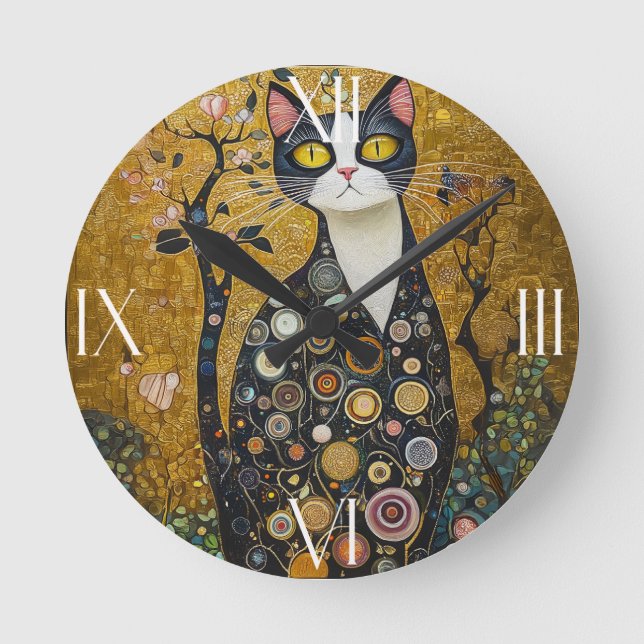 Celestial Feline in Gold Round Clock (Front)