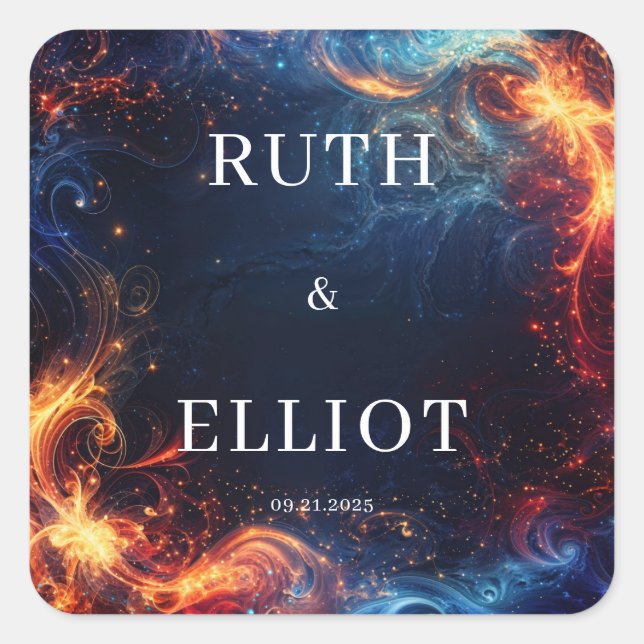 Celestial Fire Ice Abstract Swirl Galaxy Wedding Square Sticker (Front)