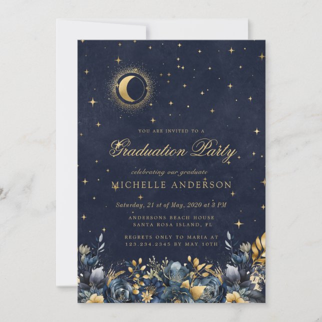 Celestial Floral Blue Stars Moon Graduation Party Invitation (Front)