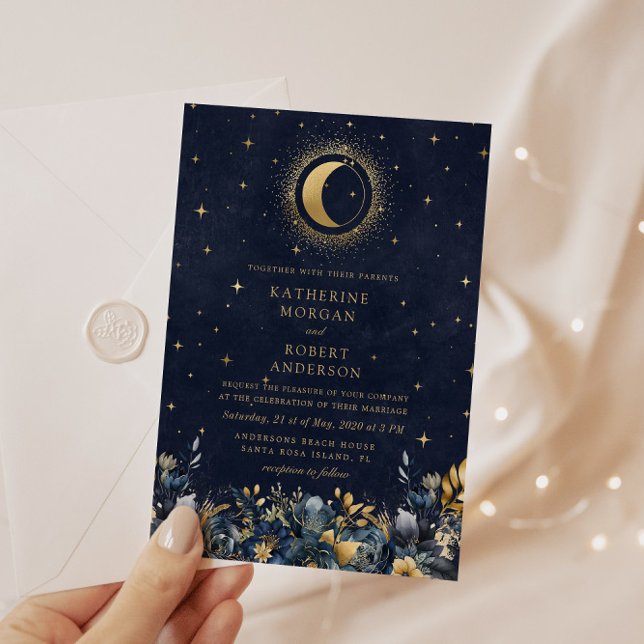 Celestial Floral Blue Stars Moon Wedding Invitation (Creator Uploaded)