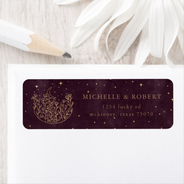 Celestial Floral Burgundy Gold Return Address Label (Insitu)