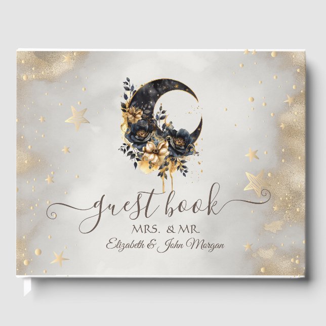 Celestial Floral Moon,Gold Stars  Guest Book (Front)