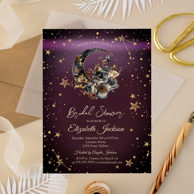 Celestial Floral Moon,Stars Burgundy Bridal Shower Invitation (Creator Uploaded)