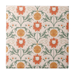 Celestial Floral Sunburst Seamless Pattern Design Ceramic Tile
