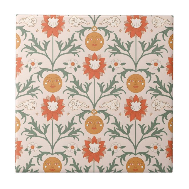 Celestial Floral Sunburst Seamless Pattern Design Ceramic Tile (Front)