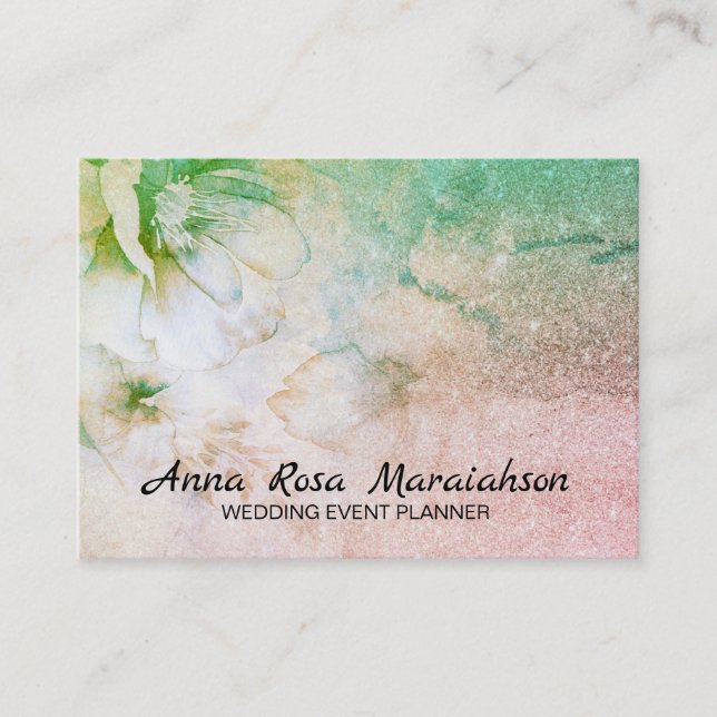 *~* Celestial Floral Watercolor Turquoise Glitter Business Card (Front)