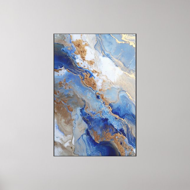 Celestial Flow: Blue & Gold Abstract Canvas Print (Front)