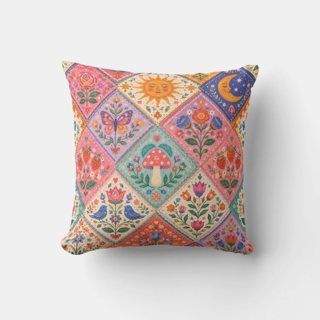 Celestial Folklore Patchwork Mushroom Sun Moon Thr Cushion (Front)