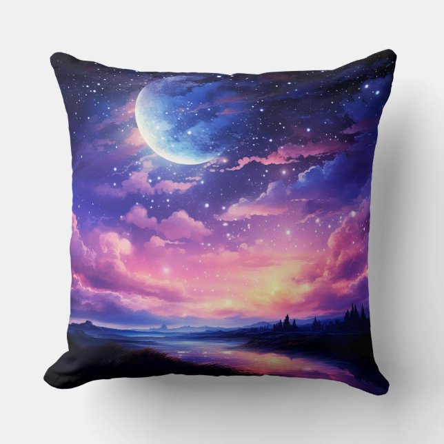 Celestial Full Moon Stars Clouds Mystical Purple Cushion (Front)