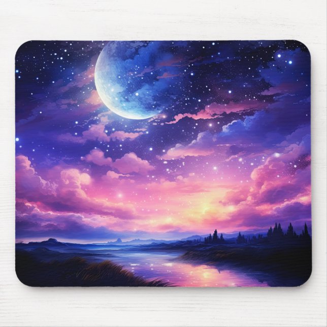 Celestial Full Moon Stars Clouds Mystical Purple Mouse Pad (Front)