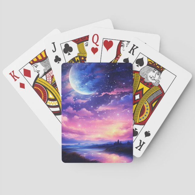 Celestial Full Moon Stars Clouds Mystical Purple Playing Cards (Back)