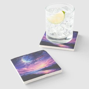 Celestial Full Moon Stars Clouds Mystical Purple Stone Coaster