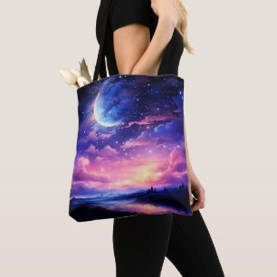 Celestial Full Moon Stars Clouds Mystical Purple Tote Bag