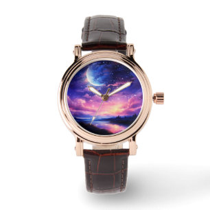 Celestial Full Moon Stars Clouds Mystical Purple Watch