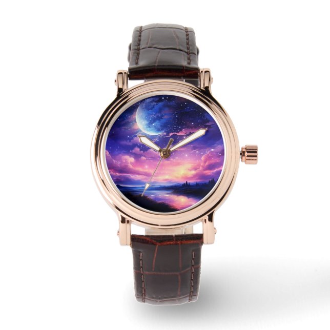 Celestial Full Moon Stars Clouds Mystical Purple Watch (Front)